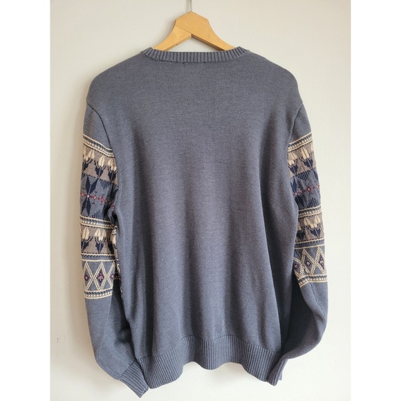 IZOD Mens Blue Fair Isle Geometric Crewneck Knit Sweater Medium Cotton Blend - Picture 3 of 8